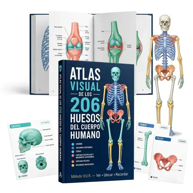 Atlas Visual de los 206 Huesos del Cuerpo Humano: libro, páginas internas y fichas de estudio