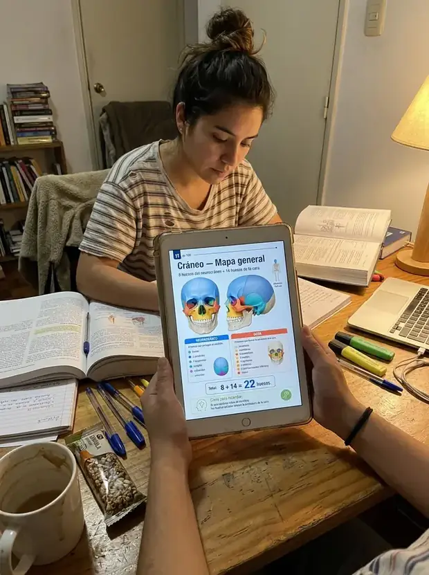 Estudiante usando el Atlas Visual de los 206 huesos en una tablet