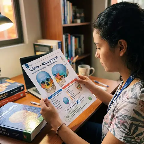 Estudiante de enfermería estudiando el atlas impreso