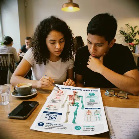Dos estudiantes repasando las fichas impresas en la biblioteca