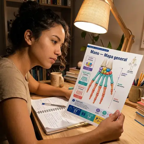 Mujer estudiando el atlas impreso en casa